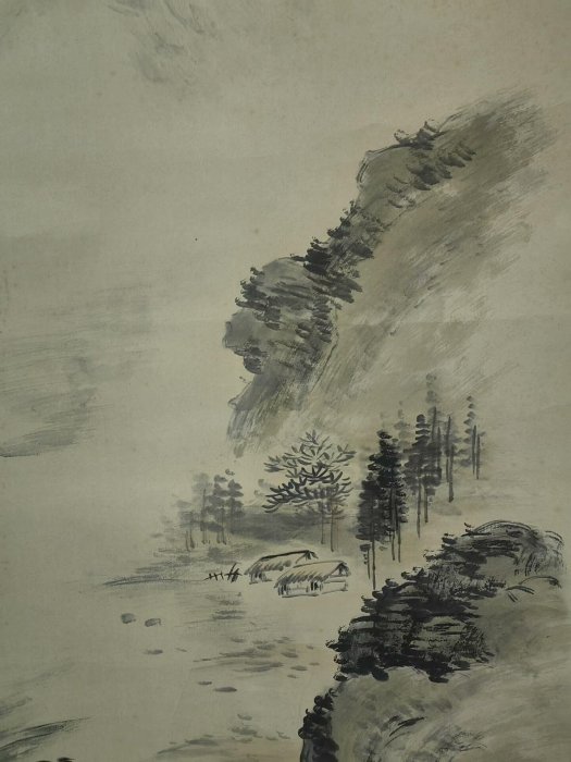 江口周五郎號雨堂1897年嚴選手繪水墨風景畫，紙本綾裱豆青瓷軸，畫工
