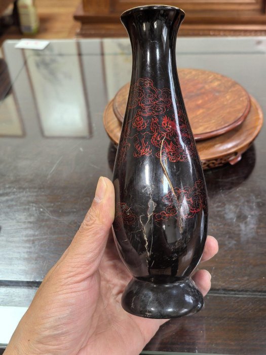 日本回流老貨80年代福建福州脫胎漆器雙龍戲珠賞瓶擺件，花入，花瓶賞瓶
