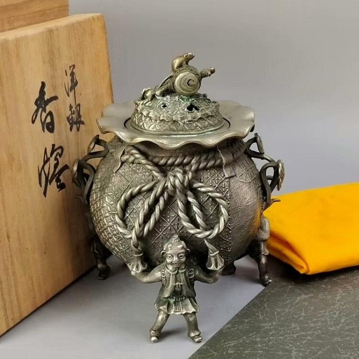蝋型 鋳銅 宝茶巾 香炉 瑞雲作 共箱入 K537☆蝋型師 元威作 高岡銅器 三足麟竜香炉 金工家 二上常太郎 証書共
