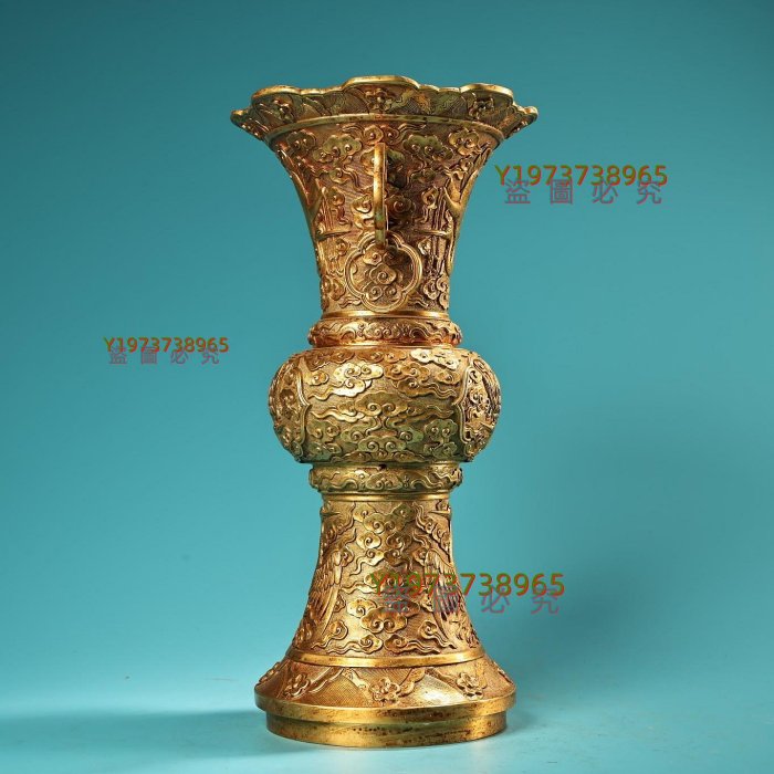 中国古美術館 乾隆年製 純銅製金浮彫金鶴花瓶 極細工彫刻 唐物 時代物 