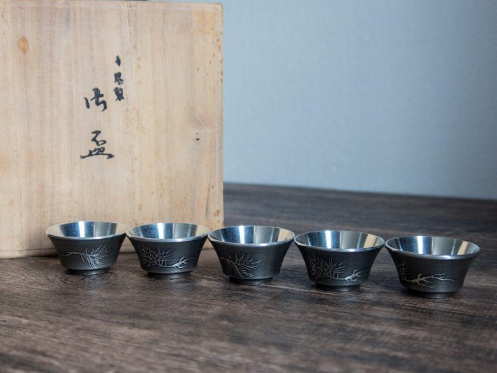 二手】日本回流錫制酒杯本錫酒杯松枝畫片日本錫器酒具全品全新帶盒