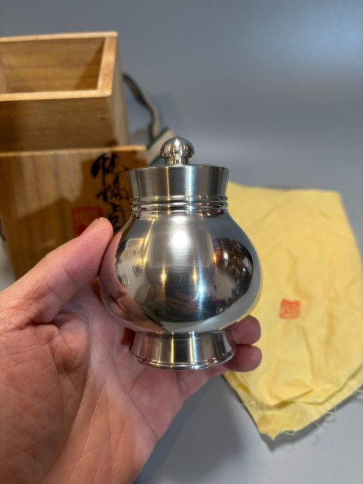 日本中古靜壽居辻井藏苑作卣式官帽型錫罐錫茶入錫茶葉罐純錫瑞祥官帽
