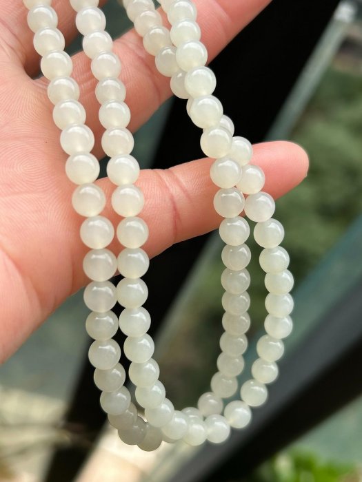 和田玉新疆白玉108卡6，新疆山料白玉多圈手鏈，暖白