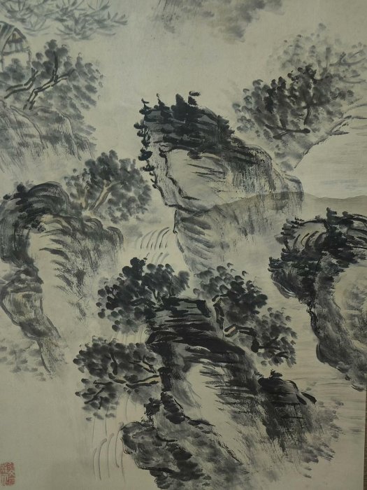 江口周五郎號雨堂1897年嚴選手繪水墨風景畫，紙本綾裱豆青瓷軸，畫工