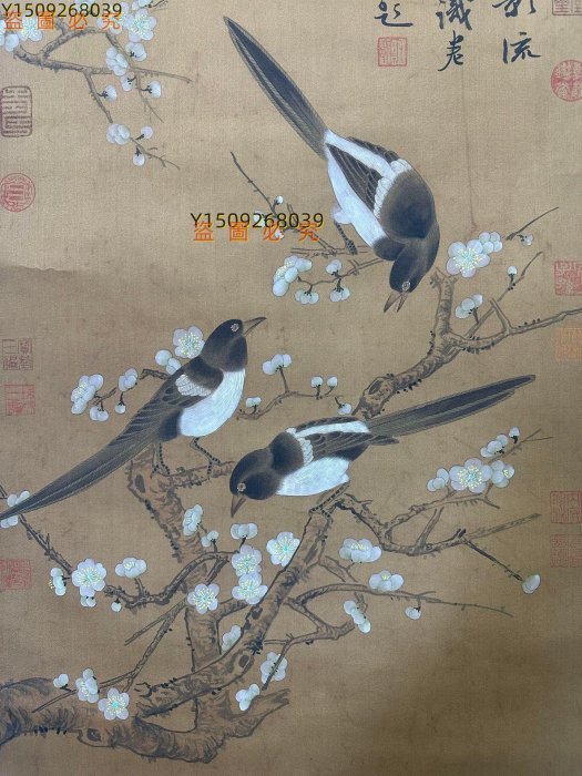 AK40【趙佶】花鳥，純手繪絹本三尺中堂畫，裝裱尺寸：218*58cm左【聚寶