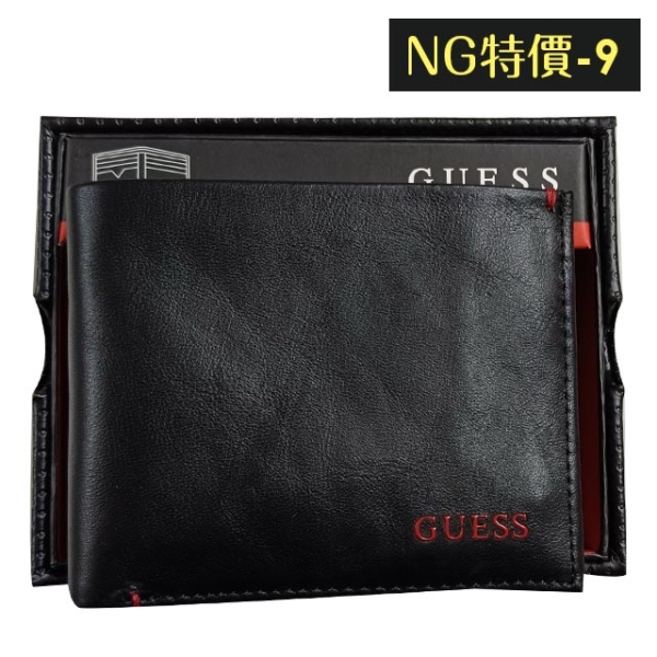 【NG特價-9】Guess 男皮夾 短夾 牛皮夾 紅色GUESS Logo 雙鈔夾 品牌盒裝／黑色