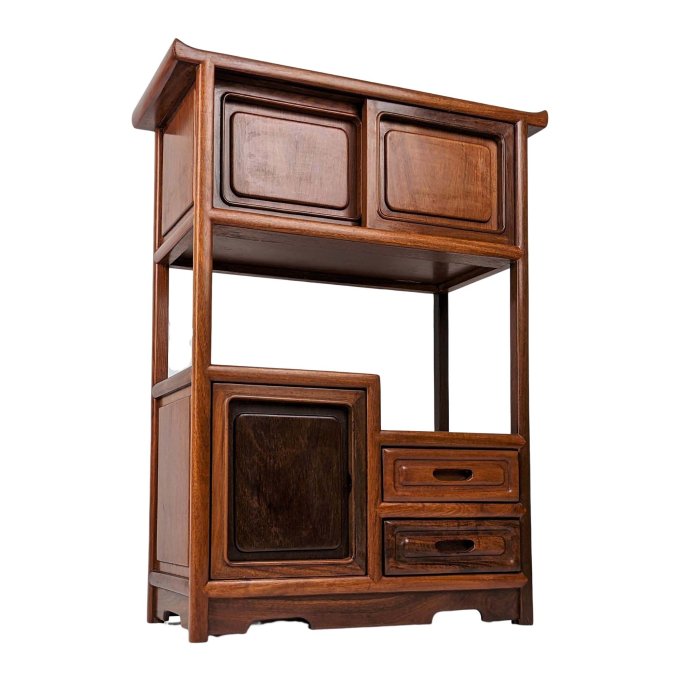 日本老家具/古董家具/花梨木細工翹簷小飾棚，美木色，高64cm/展示櫃