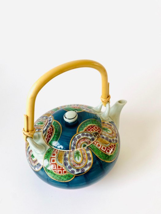日本有田燒雅祥窯青花釉上手繪提梁壺茶壺全新全品，壺長16cm 整高16.5
