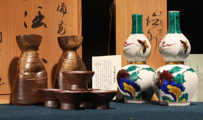 9/18結標名家陶峰造窯燒備前九谷極繪色戀花葫蘆型德利清酒器組原供箱二