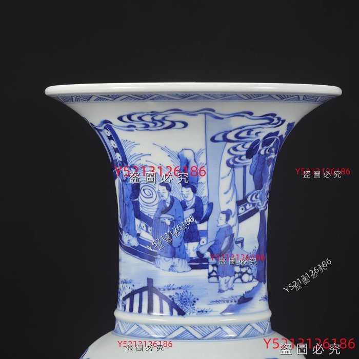 清代康熙青花人物芭蕉紋大花孤尺寸：高36公分口徑19.5公分肚徑16公分舊