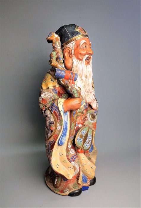 日本古民藝/色繪金襴手一山作，九谷燒大壽翁高53公分/七福神/壽老人/古