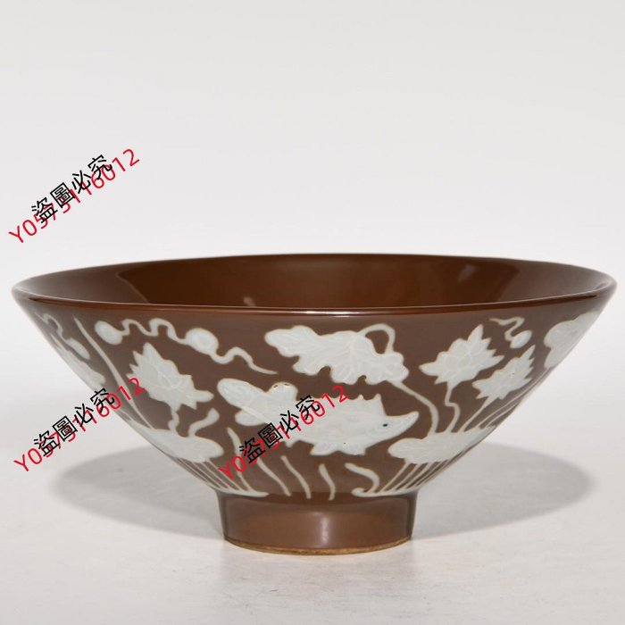 明宣德紫金釉留白魚藻紋斗笠碗，高7.2cm直徑16cm，編號844701古玩收藏