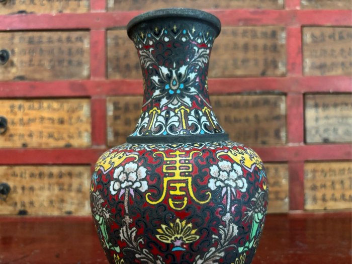 清末民初銅胎掐絲琺瑯壽紋花瓶完整。古董花瓶早期銅花瓶清代銅胎掐絲