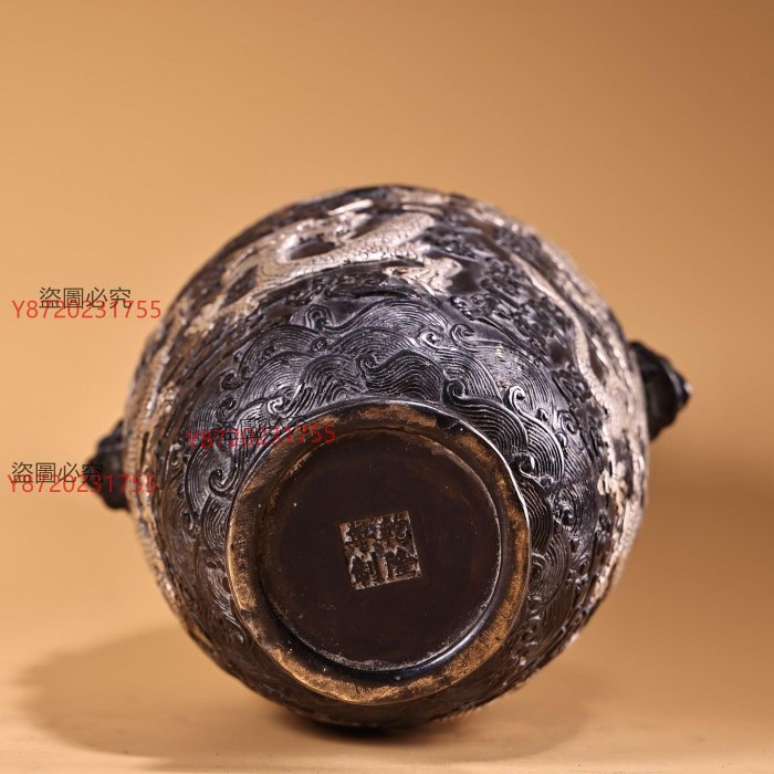 復古純銅全銅高浮雕鏨刻鎏銀盤龍花瓶工藝精湛器型精美重1300克高