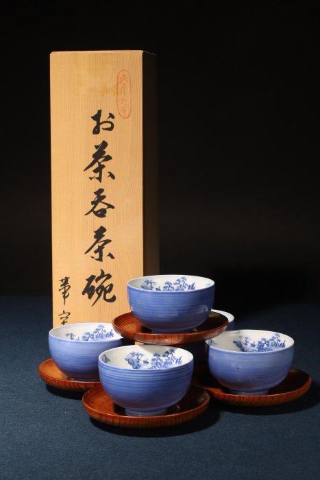 3/3結標日本手造青花染付山水圖煎茶杯組附木茶托共箱BEB0517 -茶道具侘