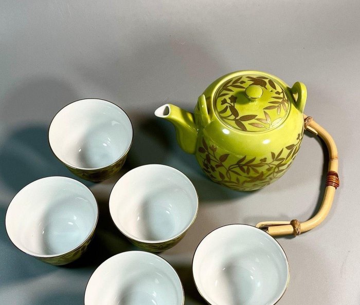 嚴選日本平安時期進口橘吉金彩萌蔥高端茶具，一壺五杯組提梁壺金彩黃地