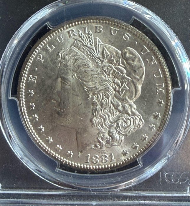 1881- S記舊金山廠摩根壹圓銀幣PCGS MS62 (30週年紀念標籤+全車輪銀光