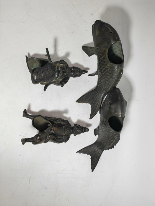 銅　魚置物 日本大正老銅釣魚惠比壽擺件，福神招財進財推薦置物銅魚神香薰擺件招財