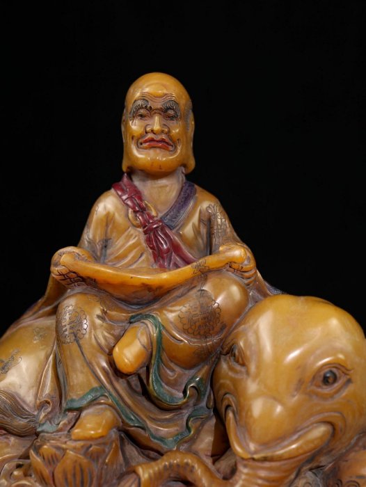 舊藏珍品田黃石硬料巧雕騎象達摩祖師閑章大擺超大石料精雕鏨刻【達摩