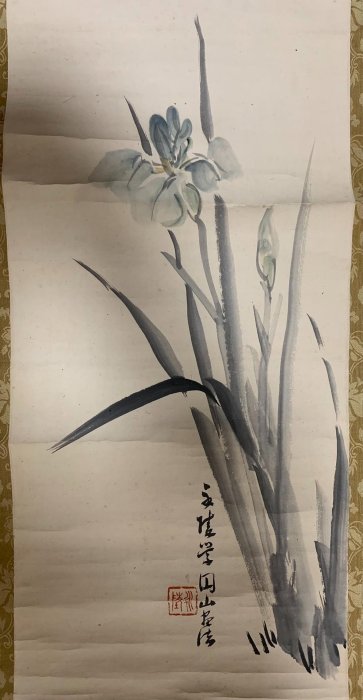 嚴選日本明治時期佐竹永陵創作蘭花麻雀小掛軸，綾裱精工細作紙本獸骨軸