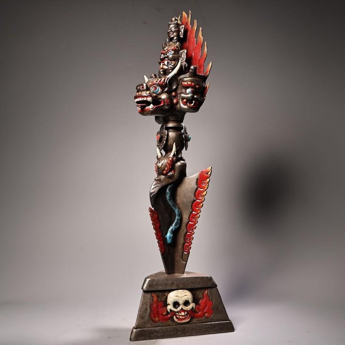 珍品寒鐵高浮雕手工鏨刻大威德金剛降魔杵法器鎮宅辟邪工藝精湛器形款式