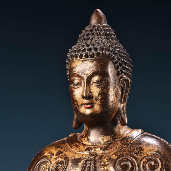 旧蔵 清 純銅 全銅 高浮彫鏨刻泥金 無量壽仏 仏像 奉納されていた 供養