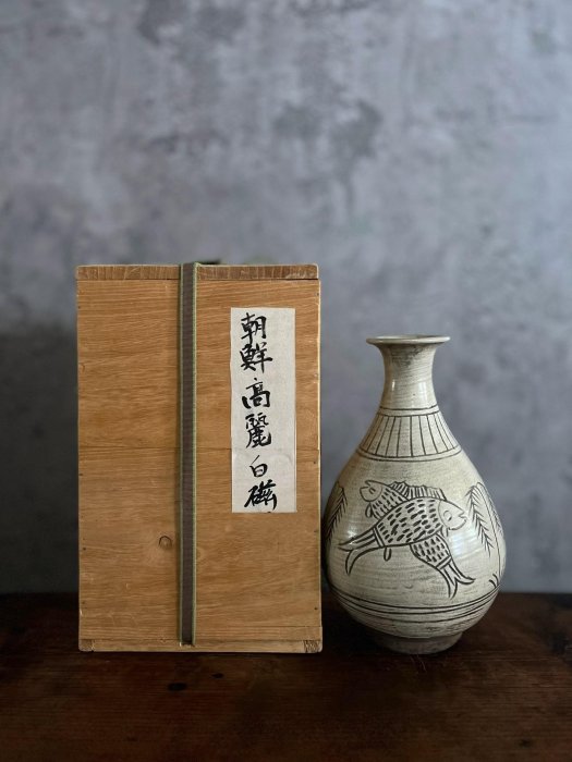 朝鮮李朝時期白磁粉青砂器柳陰魚紋高麗古瓷瓶嚴選推薦佛系收藏白磁粉青