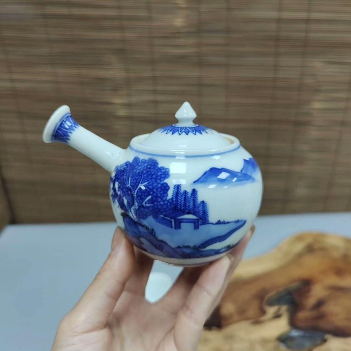 兩隻平安時代青花山水橫手急須茶具組含公道杯及茶杯磕碰修復包郵1100