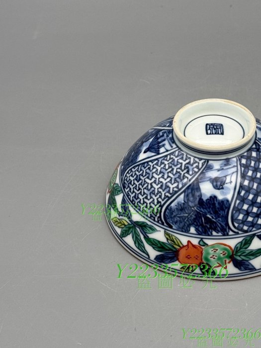 碗052 平安京泉馬場京泉作青花山水赤繪壽桃紋青古董舊藏老貨【尋秦記