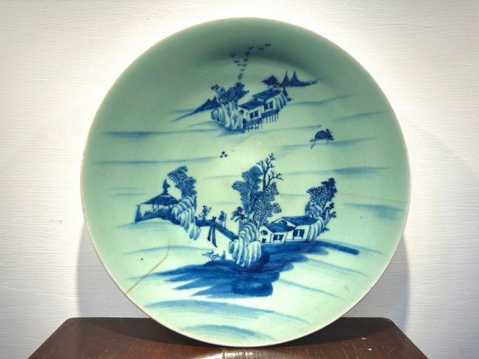 清代豆青釉成化年製寄托款青花山水大盤| Yahoo拍賣