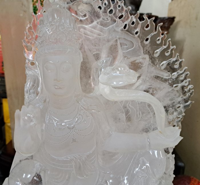 永誠精品尋寶地No.7742 天然水晶白水晶觀音雕件觀世音菩薩如意寶珠觀音
