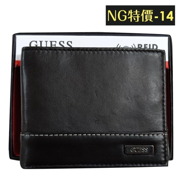 【NG特價-14】Guess 男皮夾 短夾 牛皮夾 雙排設計 金屬銘標LOGO 多卡夾 大鈔夾 品牌盒裝／黑色
