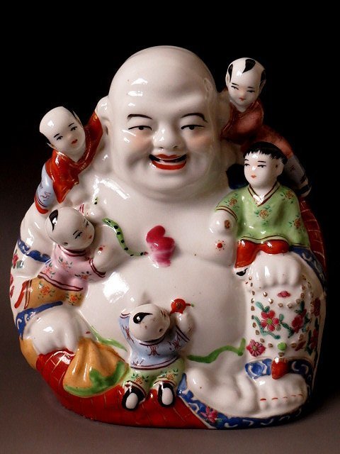 金王記拍寶網】( 常5) H382 民國粉彩彌勒佛五子登科彌勒佛坐像一