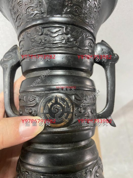 二手】日本回流清代銅花觚中間嵌金銀龍頭雙耳觚身有暗刻和浮雕工藝精湛