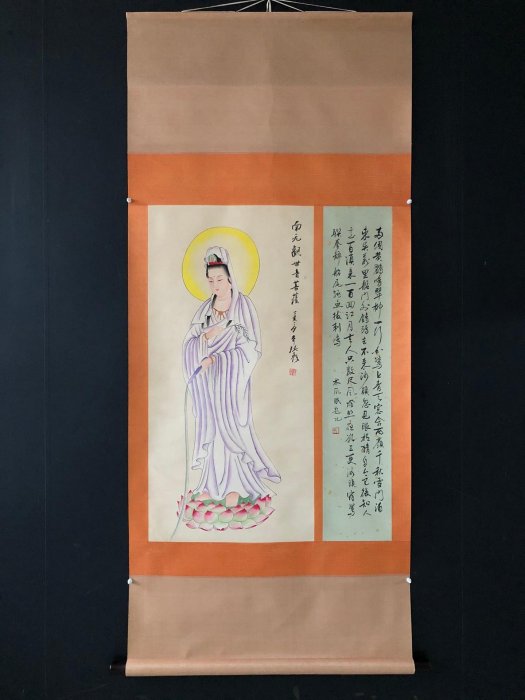 S57【張大千】觀音，三尺畫芯精裱，純手繪作品裝裱好尺寸：188x80cm