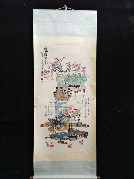 齊白石款精品四尺花卉清供大中堂掛畫，純手繪宣紙古董字畫古董字畫中堂