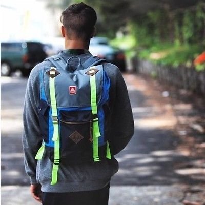 JANSPORT Heritage 美式復古怪奇物語輕量尼龍後背包藍灰黃撞色拼接麂皮