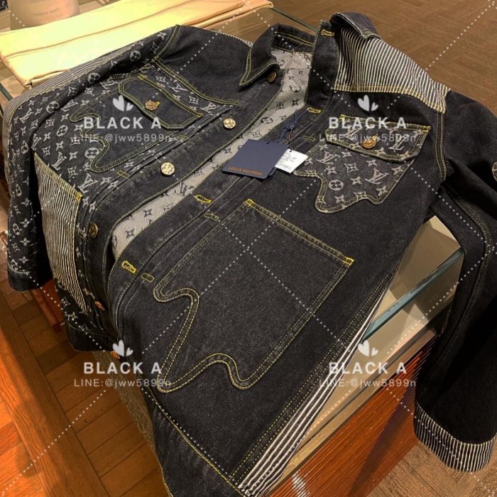 【BLACK A】精品LV x NIGO wave2 聯名款黑色老花條紋拼布牛仔外套 oversized