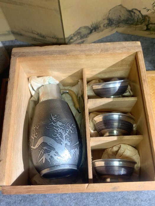 日本純錫酒具，錫酒壺，錫酒杯，錫壺，錫器，一壺三杯，錫半造
