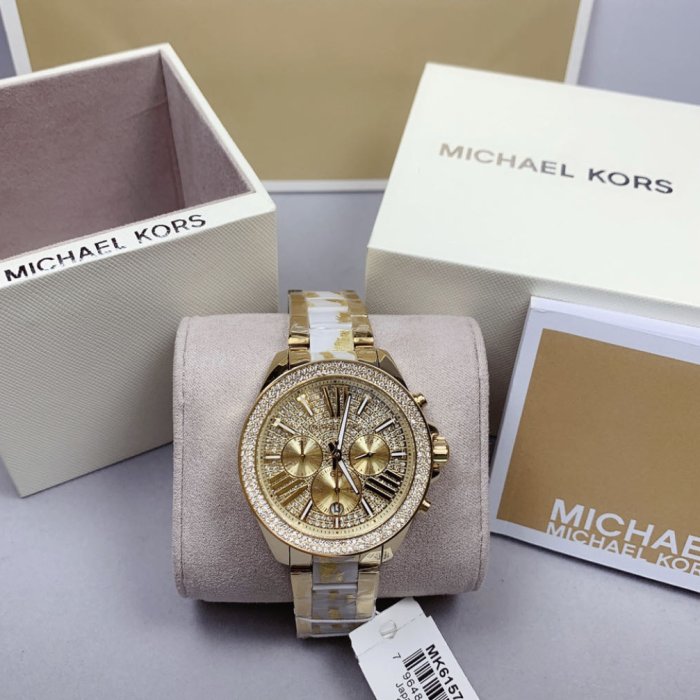 MICHAEL KORS Wren 鑲水晶鑽錶盤白色配金色不鏽鋼錶帶石英三眼計時男士