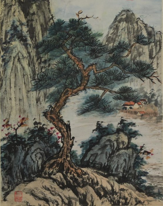 玖隆蕭松和挖寶網K》袁世卿辛巳年松巖村居山水書法彩墨畫掛軸(01605