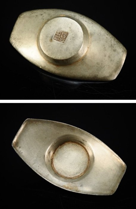 日本茶托】大師『沈存周』古錫茶托角印古錫製舟形茶托x五客☆附箱*總重