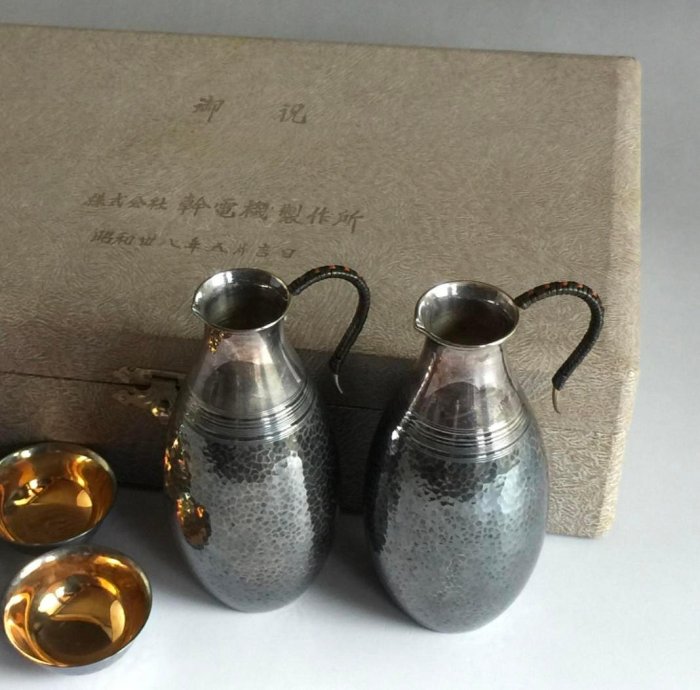 日本銀工藝昭和期紀念純銀德利酒器一組七件溫酒壺酒杯266公克原箱付