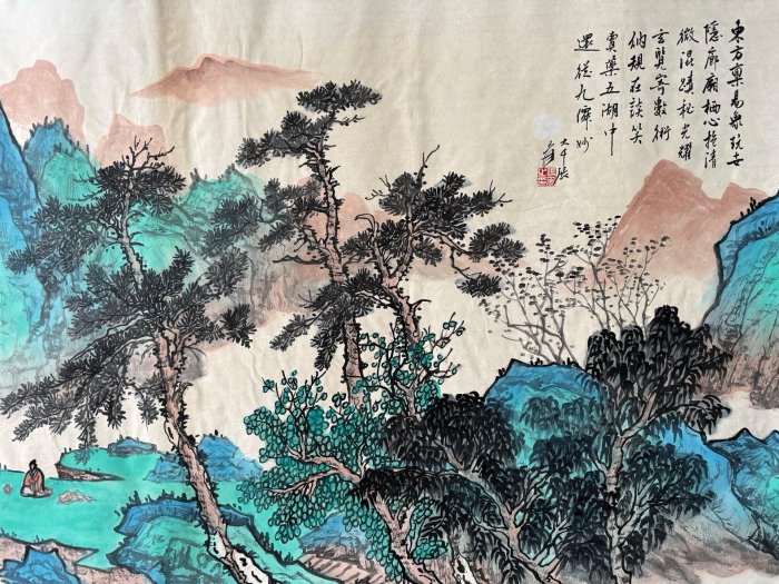 張大千 山水図 掛軸 手描き Z525【張大千】山水，四尺橫幅純手繪作品尺寸約：138x70厘米未裝裱，帶