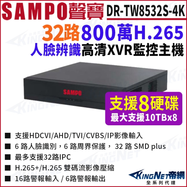 SAMPO聲寶 DR-TW8532S-4K 32路 4K-N/5MP 人臉辨識 支援8硬碟 XVR 錄影主機 DVR KingNet帝網