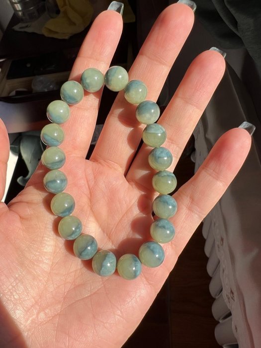 私珍可出】新疆和田玉若羌黃口藍皮聚寶盆卡10，單圈珠鏈！如果你說從來