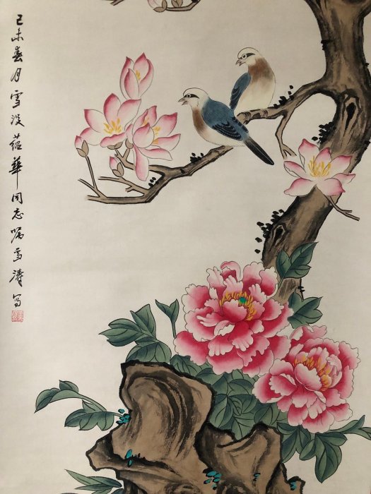 PA35【王雪濤】花鳥，四尺扇面精裱純手繪中堂畫，裝裱尺寸：232*89cm