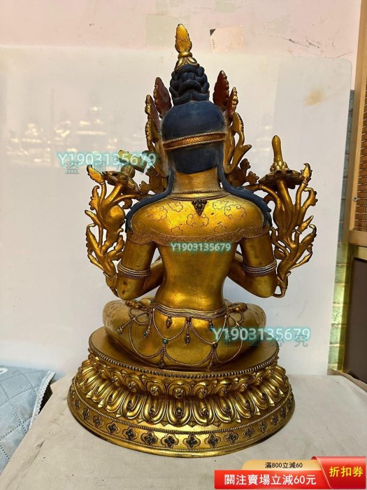 西藏銅鎏金文殊菩薩佛藏像，高45厘米寬31厘米！ 【秦朝館】二手-1740