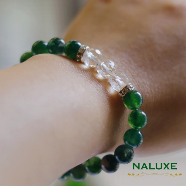 水晶【Naluxe】水草瑪瑙+鑽切白水晶設計款開運手鍊(避邪保平安