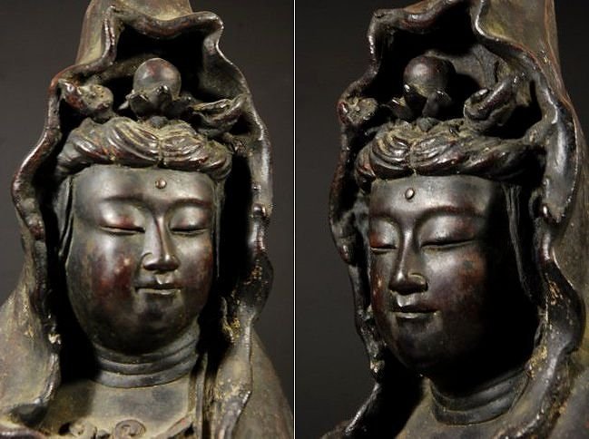 观音像，古銅製，時代物，高63cm，重8000克。 观音像，古銅製，時代物，高63cm，重8000克。 （古董观音像铜